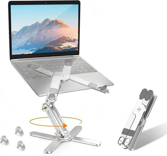 Main image of N86 360 Rotating Laptop Stand for Desk with Locking Knobs, Silver | Aluminum Ergonomic Riser Adjustable Height & Angle for Collaborative Work. Foldable Portable Fits MacBook & Laptops up to 16"