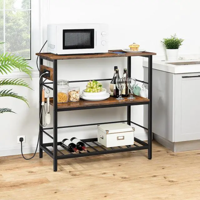 Alt view image 2 of 7 - HOOBRO Kitchen Island with Storage, Kitchen Island Table with Power Outlet, 35.4" L 3 Tier Coffee Station and Microwave Stand, for Home, Dining Room, Rustic Brown and Black BF021ZD01