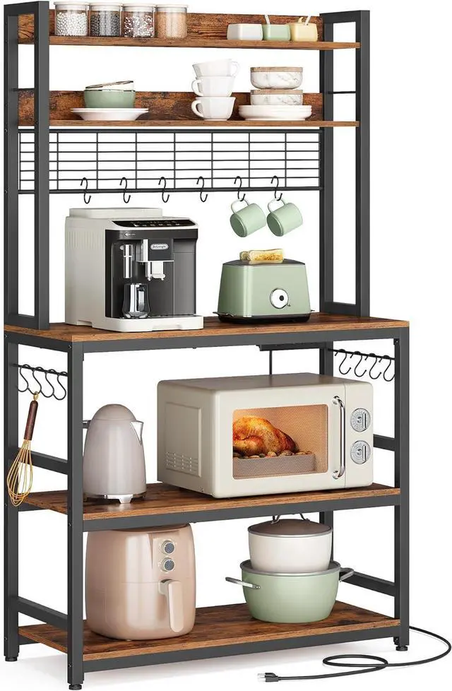 Main image of VASAGLE Bakers Rack with Power Outlet, Microwave Stand, Kitchen Tall Utility Storage Shelf, with Metal Wire Panel, 14 Hooks, 15.7 x 31.5 x 66.9 Inches, Rustic Brown and Ink Black UKKS025B01