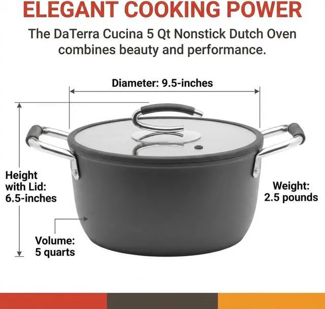 Alt view image 7 of 7 - DaTerra Cucina Nonstick Ceramic Dutch Oven Pot w/Lid, Oven Safe Pot, 5Qt | Italian Crafted Cookware, PTFE & PFOA Free, Aluminum Core, Dual Handles, Even Heating, Induction Compatible, Easy Cleanup