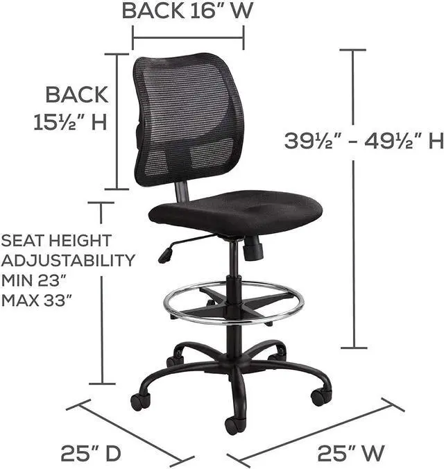 Alt view image 2 of 3 - Safco Rolling Chair, Extended Height, Black Vinyl Mesh, Adjustable Height, Supportive Back and Ergonomic Design, 250 lbs Capacity, Black