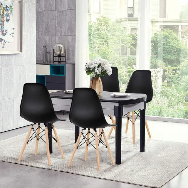 Alt view image 2 of 7 - GOFLAME DSW Dining Chairs, Shell Plastic Chairs with Wood Legs, Modern Style Armless Chairs for Living Room Kitchen Bedroom, Eiffel DSW Style Side Chairs with Ergonomic Backrest Set of 4, Black