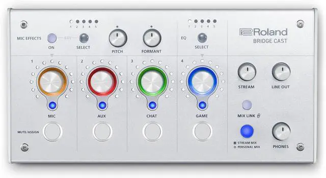 Main image of Roland BRIDGE CAST Dual Bus Gaming Mixer | Pro Audio Streaming Interface and Mixer for Online Gamers | 32-Bit Hardware DSP | USB-C Windows & Mac Connectivity | XLR Input for Mics | Ice White