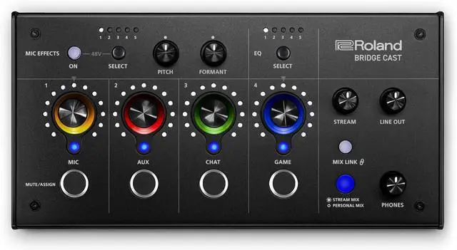 Main image of Roland BRIDGE CAST Dual Bus Gaming Mixer | Pro Audio Streaming Interface and Mixer for Online Gamers | 32-Bit Hardware DSP | USB-C Windows & Mac Connectivity | XLR Input for Mics | Black