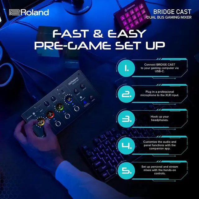 Alt view image 5 of 6 - Roland BRIDGE CAST Dual Bus Gaming Mixer | Pro Audio Streaming Interface and Mixer for Online Gamers | 32-Bit Hardware DSP | USB-C Windows & Mac Connectivity | XLR Input for Mics | Ice White