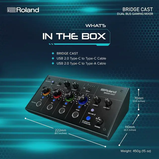 Alt view image 6 of 6 - Roland BRIDGE CAST Dual Bus Gaming Mixer | Pro Audio Streaming Interface and Mixer for Online Gamers | 32-Bit Hardware DSP | USB-C Windows & Mac Connectivity | XLR Input for Mics | Ice White