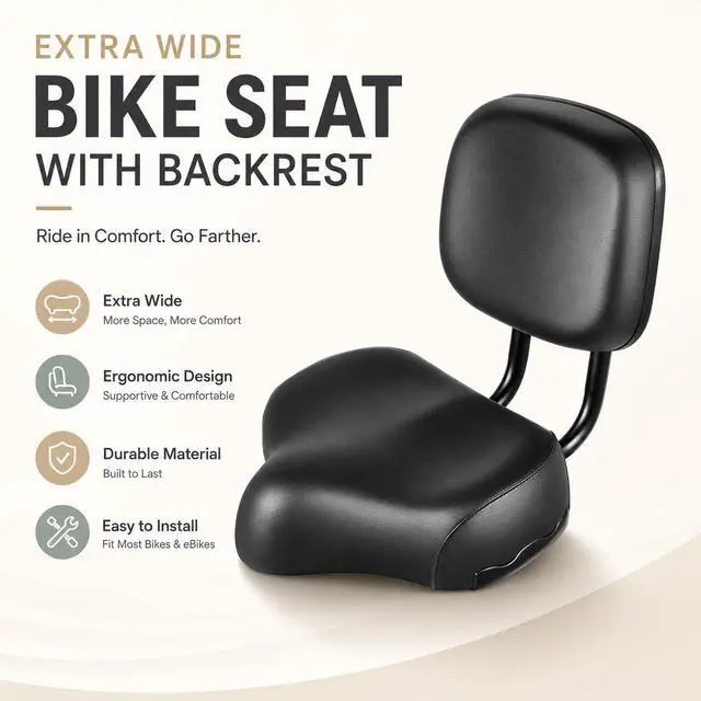 Alt view image 2 of 7 - Extra Wide Bike Seat with Backrest and Comfortable Ergonomic Design for Men and Women - Adjustable Height Leather Saddle Pad for eBike, Tricycle, and Big Bikes