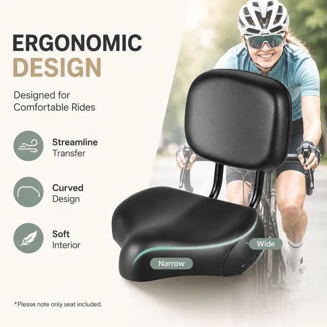 Alt view image 3 of 7 - Extra Wide Bike Seat with Backrest and Comfortable Ergonomic Design for Men and Women - Adjustable Height Leather Saddle Pad for eBike, Tricycle, and Big Bikes