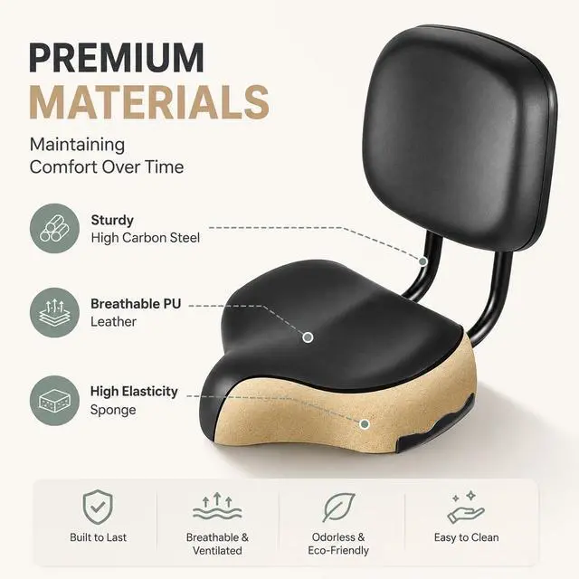 Alt view image 4 of 7 - Extra Wide Bike Seat with Backrest and Comfortable Ergonomic Design for Men and Women - Adjustable Height Leather Saddle Pad for eBike, Tricycle, and Big Bikes