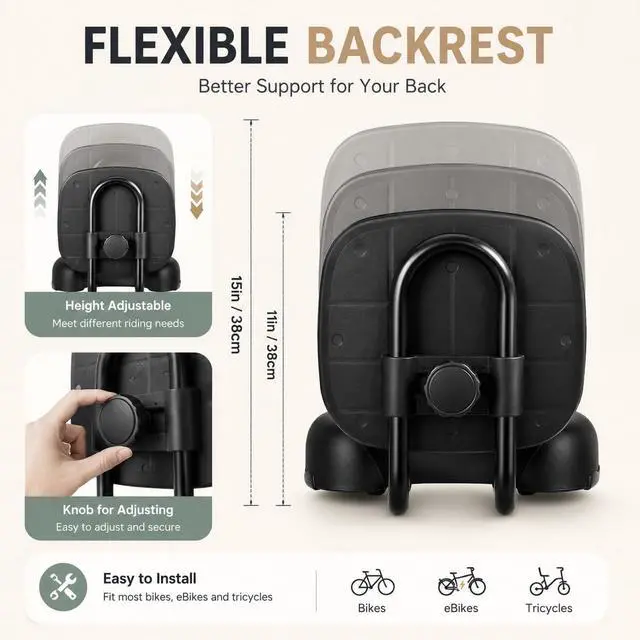 Alt view image 6 of 7 - Extra Wide Bike Seat with Backrest and Comfortable Ergonomic Design for Men and Women - Adjustable Height Leather Saddle Pad for eBike, Tricycle, and Big Bikes