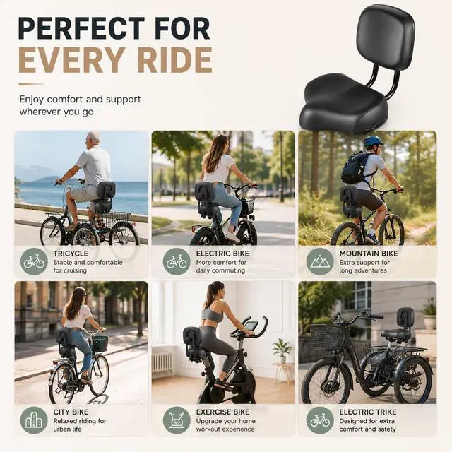 Alt view image 7 of 7 - Extra Wide Bike Seat with Backrest and Comfortable Ergonomic Design for Men and Women - Adjustable Height Leather Saddle Pad for eBike, Tricycle, and Big Bikes