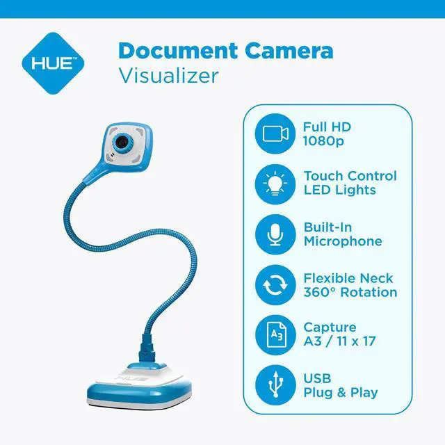 Alt view image 2 of 7 - HUE HD Pro USB Document Camera/Visualizer for Teachers/Classroom, Blue | Full HD 1080p Flexible Camera, Built-in Microphone & LED Lights, Windows / ChromeOS / MacOS / iPadOS 17+ Compatibility