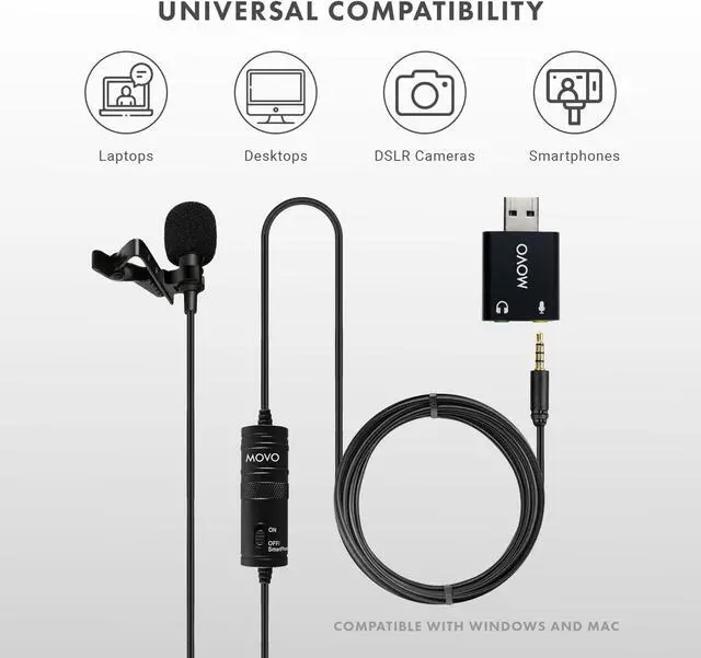 Alt view image 3 of 7 - Movo LV1-USB Lavalier Microphone for Camera, Lapel for iPhone and Android Smartphones, Body Lav Mic, Clip On Microphone for 3.5mm, Shirt Lapel Mic for Phone, GoPro, Interview, Computer, PC