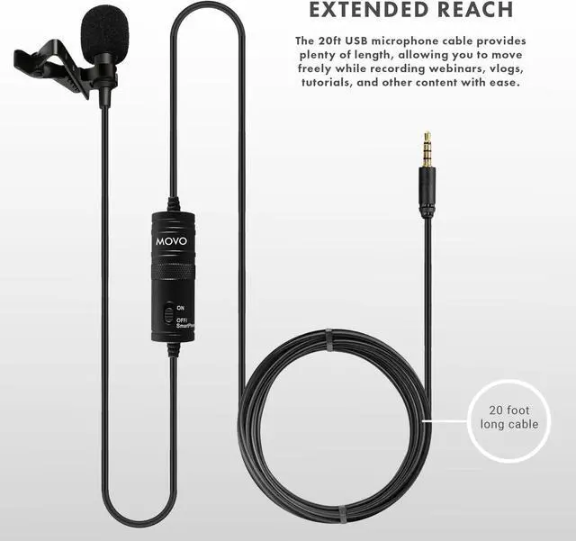 Alt view image 5 of 7 - Movo LV1-USB Lavalier Microphone for Camera, Lapel for iPhone and Android Smartphones, Body Lav Mic, Clip On Microphone for 3.5mm, Shirt Lapel Mic for Phone, GoPro, Interview, Computer, PC