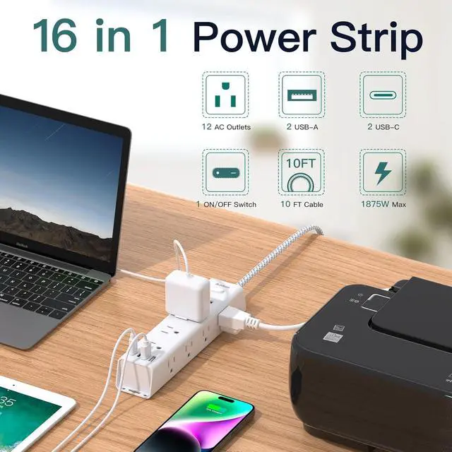 Alt view image 2 of 7 - Surge Protector Power Strip - 10 FT Extension Cord with 12 AC Outlets 4 USB | Flat Plug Power Strip Wall Mount Overload Protection, 1050J, Desk Charging Station for Home Dorm Room Office, ETL Listed
