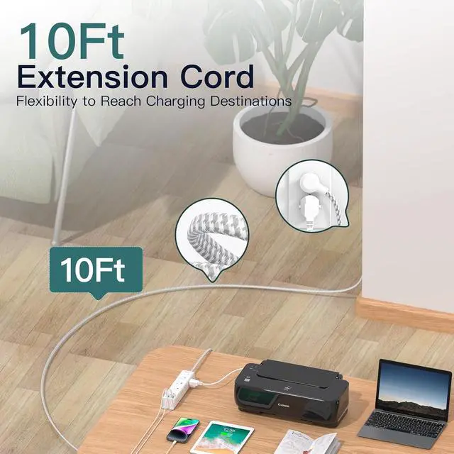 Alt view image 3 of 7 - Surge Protector Power Strip - 10 FT Extension Cord with 12 AC Outlets 4 USB | Flat Plug Power Strip Wall Mount Overload Protection, 1050J, Desk Charging Station for Home Dorm Room Office, ETL Listed