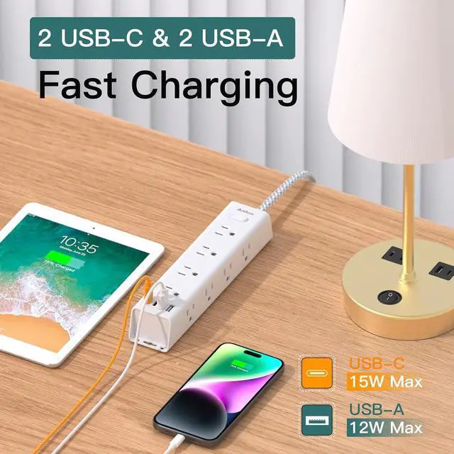 Alt view image 4 of 7 - Surge Protector Power Strip - 10 FT Extension Cord with 12 AC Outlets 4 USB | Flat Plug Power Strip Wall Mount Overload Protection, 1050J, Desk Charging Station for Home Dorm Room Office, ETL Listed