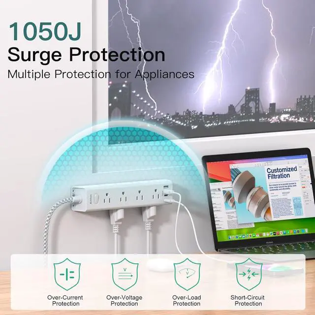 Alt view image 5 of 7 - Surge Protector Power Strip - 10 FT Extension Cord with 12 AC Outlets 4 USB | Flat Plug Power Strip Wall Mount Overload Protection, 1050J, Desk Charging Station for Home Dorm Room Office, ETL Listed