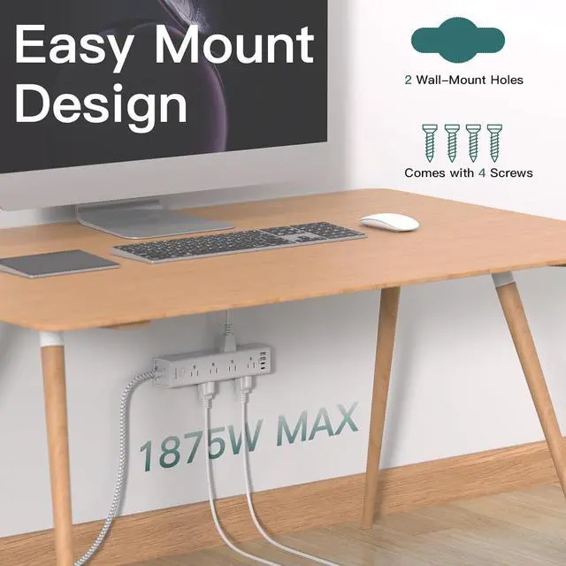 Alt view image 6 of 7 - Surge Protector Power Strip - 10 FT Extension Cord with 12 AC Outlets 4 USB | Flat Plug Power Strip Wall Mount Overload Protection, 1050J, Desk Charging Station for Home Dorm Room Office, ETL Listed