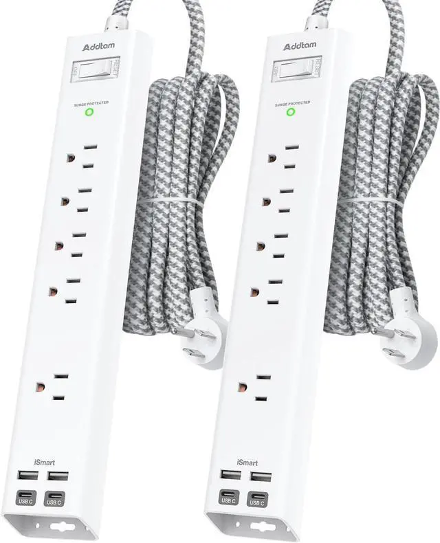 Main image of 2 Pack Surge Protector Power Strip -6ft Extension Cord, 5 Outlets 4 USB | 2 USB C Charging Ports, 1875W/15A, Flat Plug, 1080J Overload Protection Wall Mount for Home Office Dorm Room Essentials