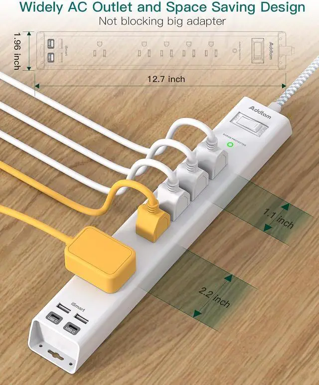 Alt view image 2 of 7 - 2 Pack Surge Protector Power Strip -6ft Extension Cord, 5 Outlets 4 USB | 2 USB C Charging Ports, 1875W/15A, Flat Plug, 1080J Overload Protection Wall Mount for Home Office Dorm Room Essentials