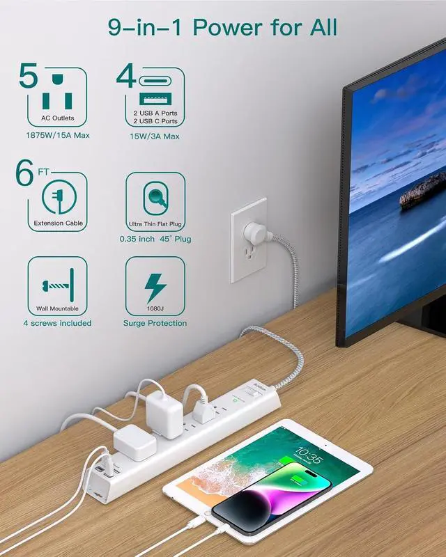 Alt view image 3 of 7 - 2 Pack Surge Protector Power Strip -6ft Extension Cord, 5 Outlets 4 USB | 2 USB C Charging Ports, 1875W/15A, Flat Plug, 1080J Overload Protection Wall Mount for Home Office Dorm Room Essentials