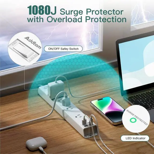 Alt view image 6 of 7 - 2 Pack Surge Protector Power Strip -6ft Extension Cord, 5 Outlets 4 USB | 2 USB C Charging Ports, 1875W/15A, Flat Plug, 1080J Overload Protection Wall Mount for Home Office Dorm Room Essentials