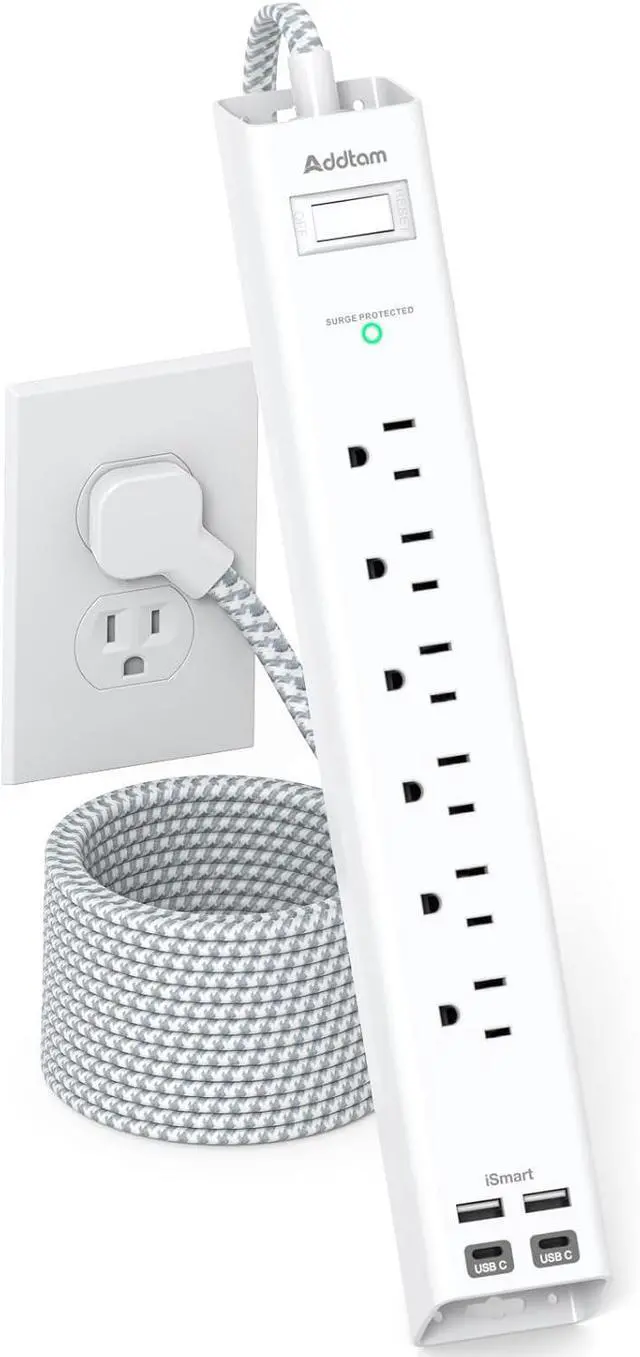 Main image of Extension Cord 10 ft - Long Power Strip Surge Protector, 6 AC Outlet 4 USB | (2 USB C), Flat Plug, Wall Mount, Multi Plug Outlet Extender Desk Charging Station for Home Office Dorm Room Essentials