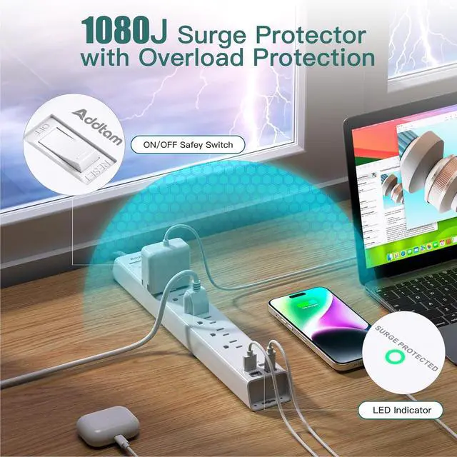 Alt view image 7 of 7 - Extension Cord 10 ft - Long Power Strip Surge Protector, 6 AC Outlet 4 USB | (2 USB C), Flat Plug, Wall Mount, Multi Plug Outlet Extender Desk Charging Station for Home Office Dorm Room Essentials