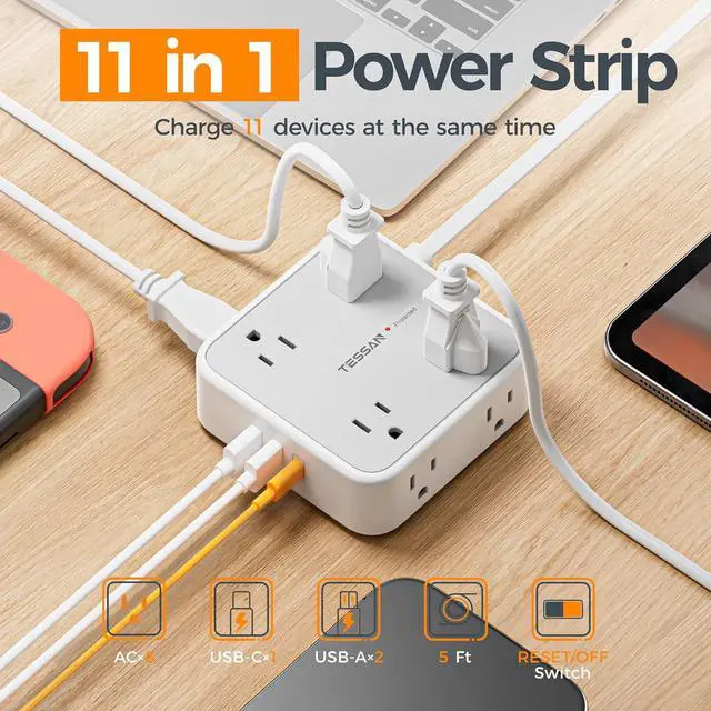 Alt view image 2 of 6 - TESSAN Surge Protector Power Strip with 900J Surge Protection, 5 Ft, Grey | 8 AC with 3 USB Ports (1 USB C), Flat Plug Extension Cord, 3 Sided Outlet Extender with Power Switch for Office, Dorm