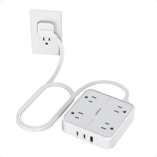 Main image of TESSAN Surge Protector Flat Extension Cord 5Ft, Flat Plug Power Strip | 4 Outlets 3 USB Ports (2 USB C), 900 Joules Protection, Multiple Wall Outlet Extender Suitable for Home Office Dorm, Grey