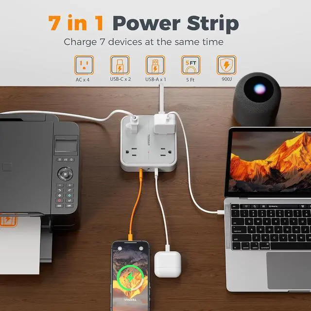 Alt view image 2 of 7 - TESSAN Surge Protector Flat Extension Cord 5Ft, Flat Plug Power Strip | 4 Outlets 3 USB Ports (2 USB C), 900 Joules Protection, Multiple Wall Outlet Extender Suitable for Home Office Dorm, Grey