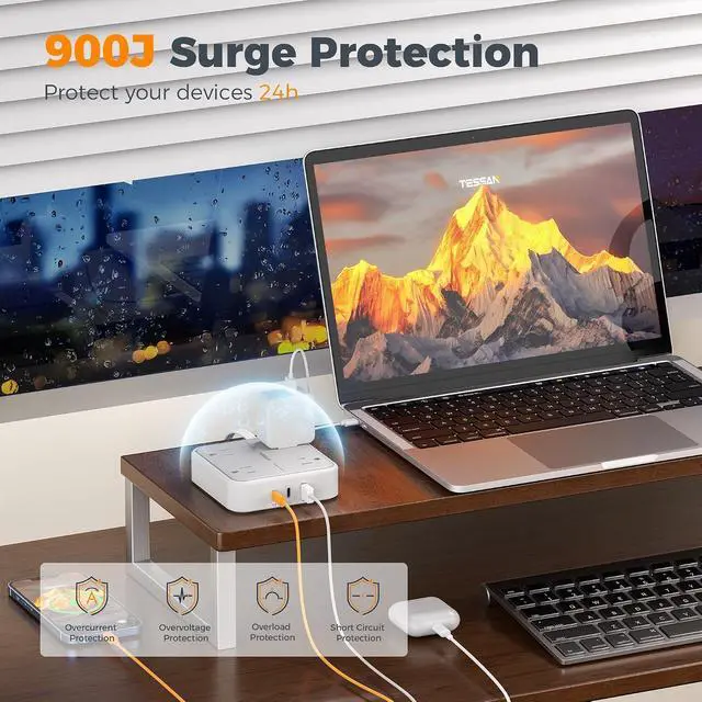Alt view image 4 of 7 - TESSAN Surge Protector Flat Extension Cord 5Ft, Flat Plug Power Strip | 4 Outlets 3 USB Ports (2 USB C), 900 Joules Protection, Multiple Wall Outlet Extender Suitable for Home Office Dorm, Grey