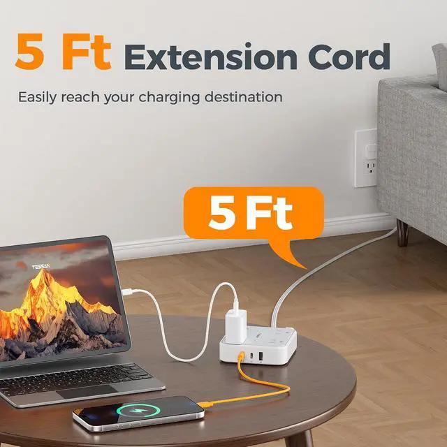 Alt view image 5 of 7 - TESSAN Surge Protector Flat Extension Cord 5Ft, Flat Plug Power Strip | 4 Outlets 3 USB Ports (2 USB C), 900 Joules Protection, Multiple Wall Outlet Extender Suitable for Home Office Dorm, Grey