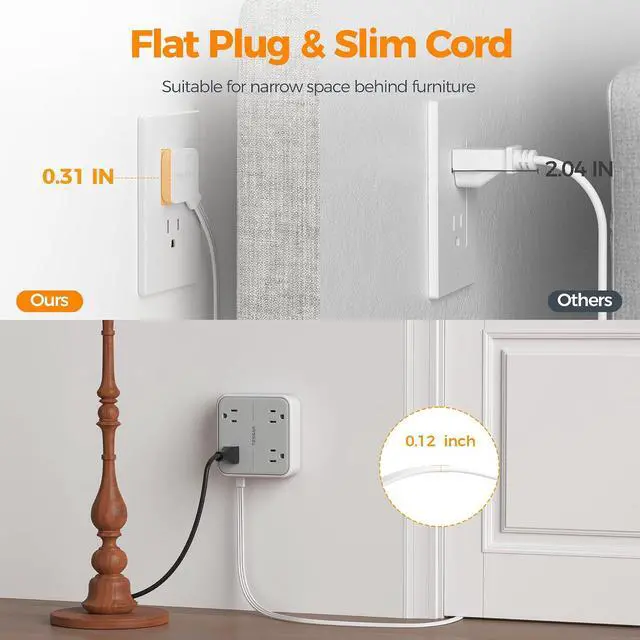 Alt view image 6 of 7 - TESSAN Surge Protector Flat Extension Cord 5Ft, Flat Plug Power Strip | 4 Outlets 3 USB Ports (2 USB C), 900 Joules Protection, Multiple Wall Outlet Extender Suitable for Home Office Dorm, Grey