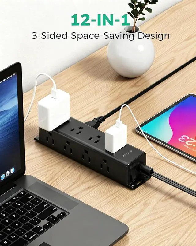 Alt view image 2 of 7 - Surge Protector Power Strip, 12 Wide Spaced Multi Outlets, Wall Mount | 3 Side Outlet Extender with Extension Cord, Flat Plug, Overload Protection, Home Office Dorm Room Essentials (5FT, Black)