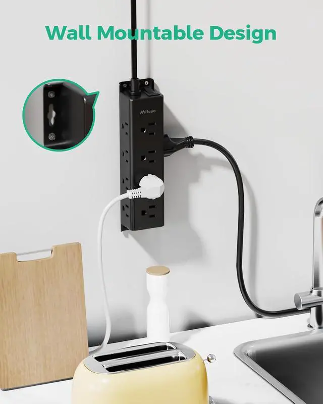 Alt view image 3 of 7 - Surge Protector Power Strip, 12 Wide Spaced Multi Outlets, Wall Mount | 3 Side Outlet Extender with Extension Cord, Flat Plug, Overload Protection, Home Office Dorm Room Essentials (5FT, Black)