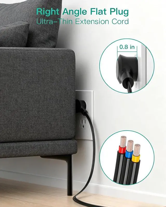 Alt view image 4 of 7 - Surge Protector Power Strip, 12 Wide Spaced Multi Outlets, Wall Mount | 3 Side Outlet Extender with Extension Cord, Flat Plug, Overload Protection, Home Office Dorm Room Essentials (5FT, Black)