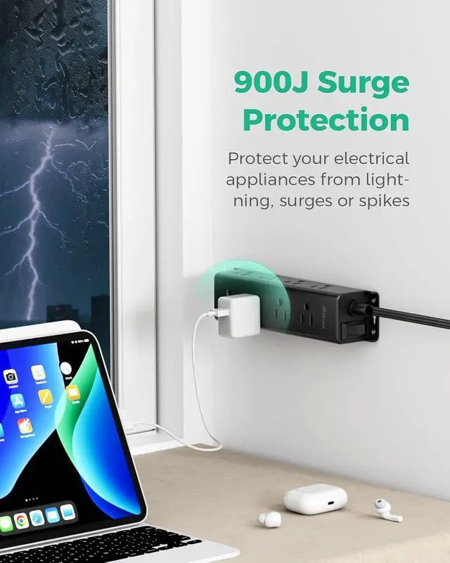 Alt view image 5 of 7 - Surge Protector Power Strip, 12 Wide Spaced Multi Outlets, Wall Mount | 3 Side Outlet Extender with Extension Cord, Flat Plug, Overload Protection, Home Office Dorm Room Essentials (5FT, Black)
