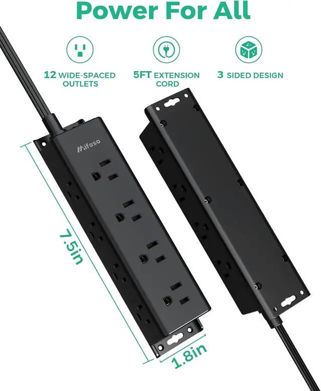 Alt view image 7 of 7 - Surge Protector Power Strip, 12 Wide Spaced Multi Outlets, Wall Mount | 3 Side Outlet Extender with Extension Cord, Flat Plug, Overload Protection, Home Office Dorm Room Essentials (5FT, Black)
