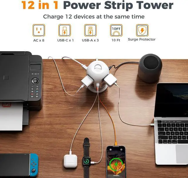 Alt view image 3 of 7 - TESSAN Tower Surge Protector Power Strip, 10 ft Long Flat Extension Cord | 8 AC Outlets with 4 USB Ports (1 USB C), Charging Station with Surge Protection, for Home Office Dorm Room Essentials
