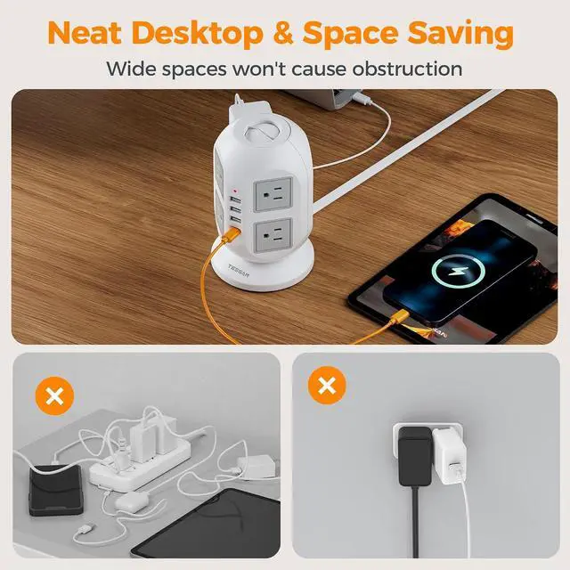Alt view image 7 of 7 - TESSAN Tower Surge Protector Power Strip, 10 ft Long Flat Extension Cord | 8 AC Outlets with 4 USB Ports (1 USB C), Charging Station with Surge Protection, for Home Office Dorm Room Essentials