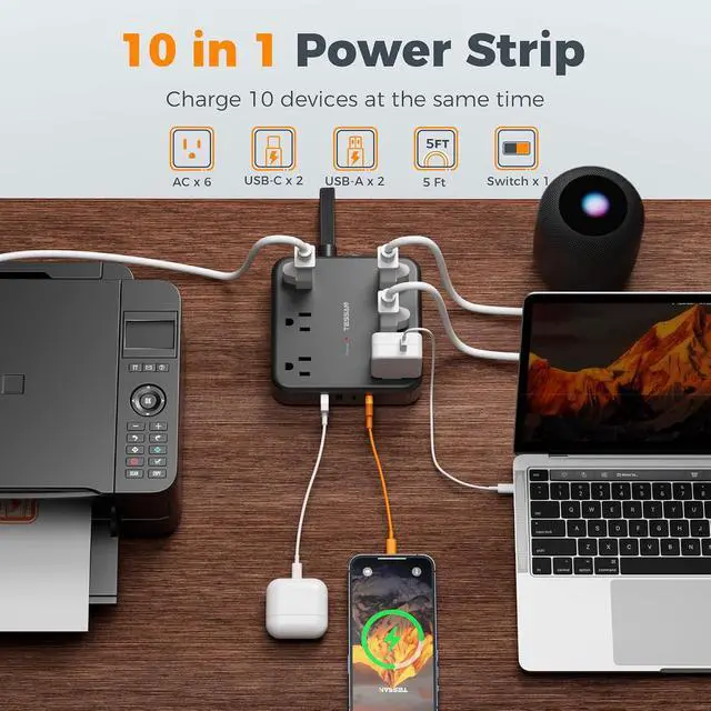 Alt view image 2 of 7 - TESSAN 5Ft Black Extension Cord with Multiple Outlets, Flat Plug | 2100 Joules Surge Protector Power Strip, 6 Outlets and 4 USB Ports (2 USB C), Outlet Extender for Home, Office, Dorm