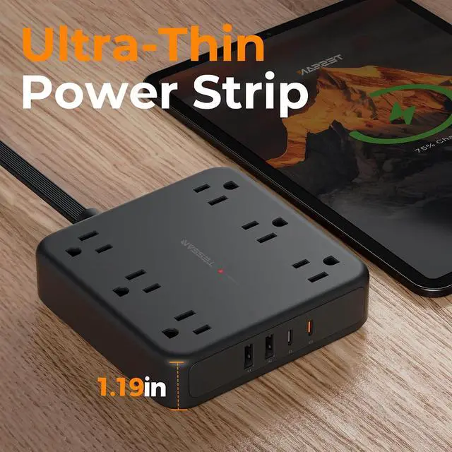 Alt view image 6 of 7 - TESSAN 5Ft Black Extension Cord with Multiple Outlets, Flat Plug | 2100 Joules Surge Protector Power Strip, 6 Outlets and 4 USB Ports (2 USB C), Outlet Extender for Home, Office, Dorm