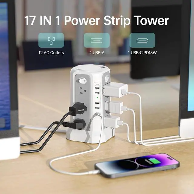 Alt view image 3 of 7 - Surge Protector Power Strip Tower 10FT (4A1C) with PD18W USB C Port | Extension Cord with 12 AC Mutiple Outlets 5 USB Charging Ports, Power Tower for Home Office Dorm Room, Grey White