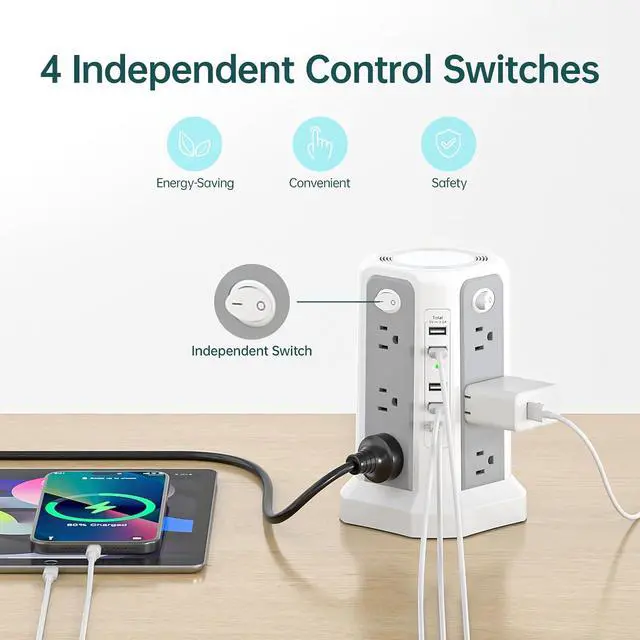 Alt view image 4 of 7 - Surge Protector Power Strip Tower 10FT (4A1C) with PD18W USB C Port | Extension Cord with 12 AC Mutiple Outlets 5 USB Charging Ports, Power Tower for Home Office Dorm Room, Grey White