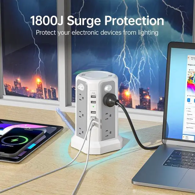 Alt view image 5 of 7 - Surge Protector Power Strip Tower 10FT (4A1C) with PD18W USB C Port | Extension Cord with 12 AC Mutiple Outlets 5 USB Charging Ports, Power Tower for Home Office Dorm Room, Grey White