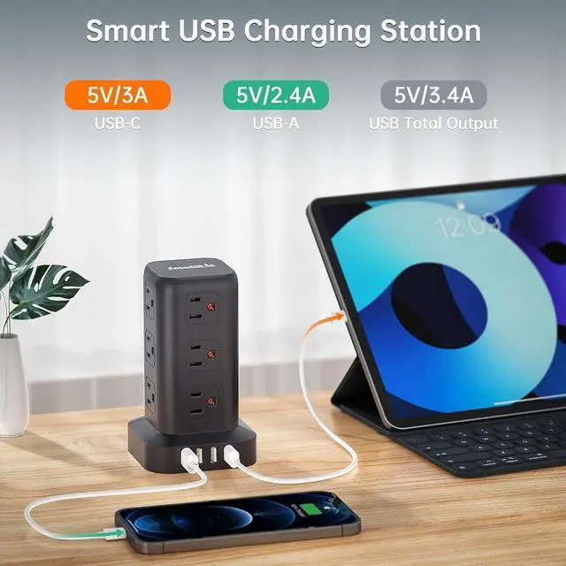 Alt view image 2 of 7 - Extension Cord with Multiple Outlets, SMALLRT Power Strip Tower, Outlet Extender with 12 AC Outlets 4 USB, 6.5FT Extension Cord for Home Dorm Room, Office Supplies,Overload Protection