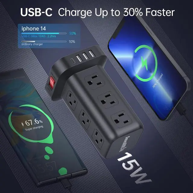 Alt view image 5 of 7 - Extension Cord with Multiple Outlets, SMALLRT Power Strip Tower, Outlet Extender with 12 AC Outlets 4 USB, 6.5FT Extension Cord for Home Dorm Room, Office Supplies,Overload Protection
