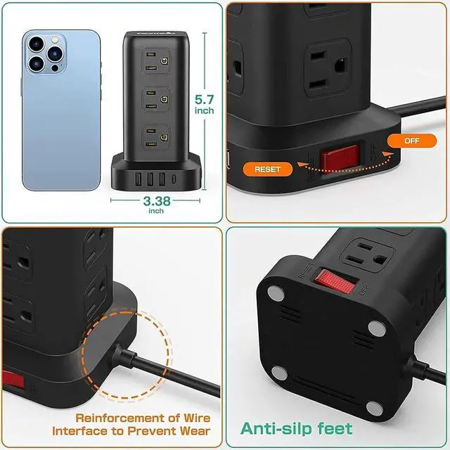 Alt view image 7 of 7 - Extension Cord with Multiple Outlets, SMALLRT Power Strip Tower, Outlet Extender with 12 AC Outlets 4 USB, 6.5FT Extension Cord for Home Dorm Room, Office Supplies,Overload Protection